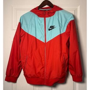 Nike Youth Windbreaker Jacket Red Aqua Zip Up Hooded Lightweight Size L